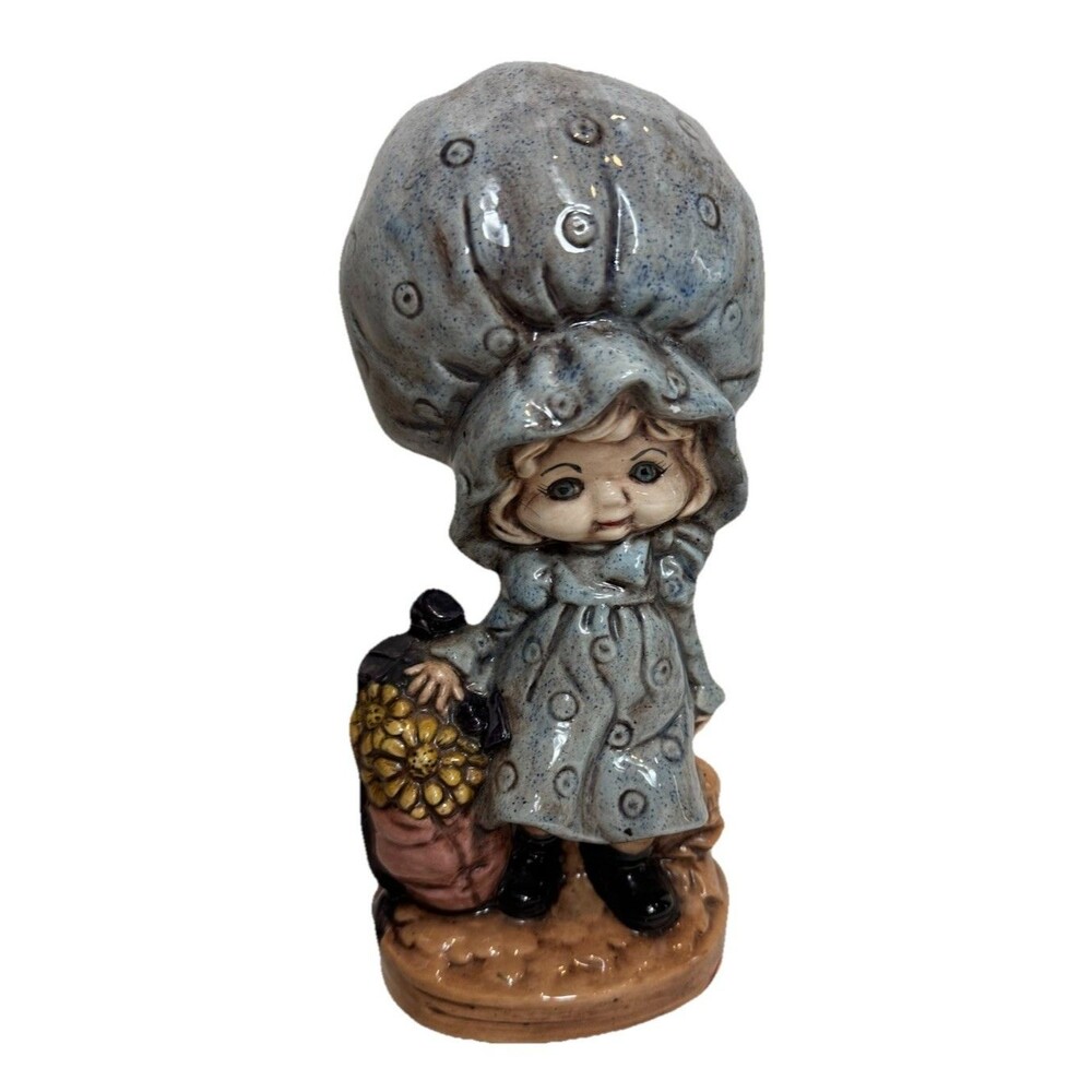 Vintage 70s Holly Hobbie Ceramic Figurine Flower Basket Girl Braid Creepy Cute